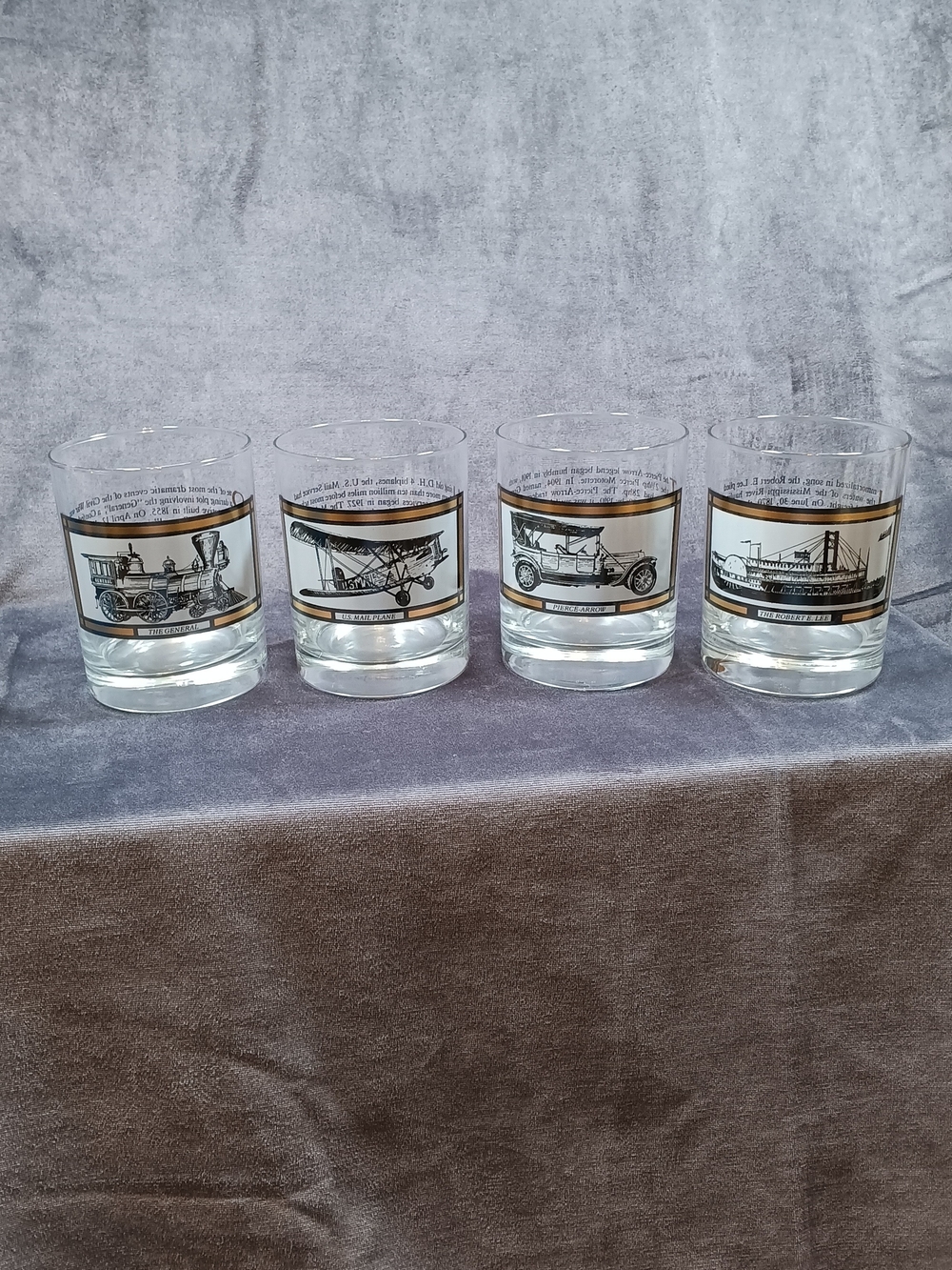 Set of 4 Vintage Avon Transportation Themed Collectors  Glasses - 22 K Gold Trim